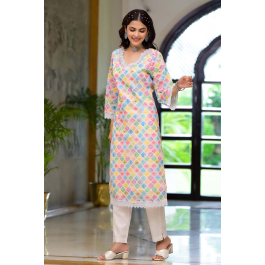 Multicolor Cotton Printed Kurta with Pants- Set of 2 Design by Bada Boota at Modvey | Modvey