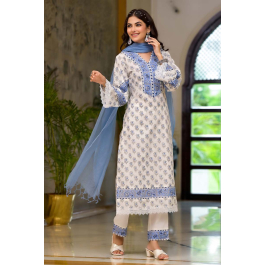 White & Blue Hand Block Printed Cotton Suit- Set of 3 Design by Bada Boota at Modvey | Modvey | Modvey | Modvey